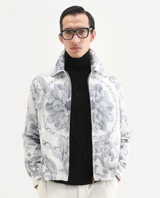 Rare Rabbit Men's Nulo Off White Viscose Blend Fabric Spread Collar Regular Fit Abstract Print Jacket