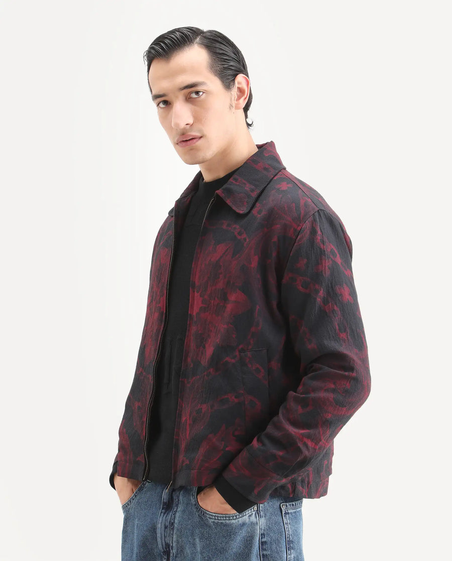 Rare Rabbit Men's Nulo Black Viscose Blend Fabric Spread Collar Regular Fit Abstract Print Jacket