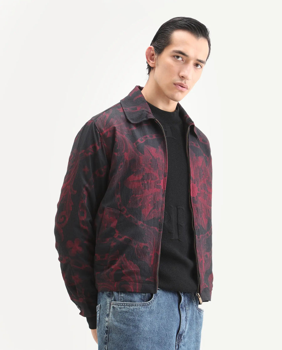 Rare Rabbit Men's Nulo Black Viscose Blend Fabric Spread Collar Regular Fit Abstract Print Jacket