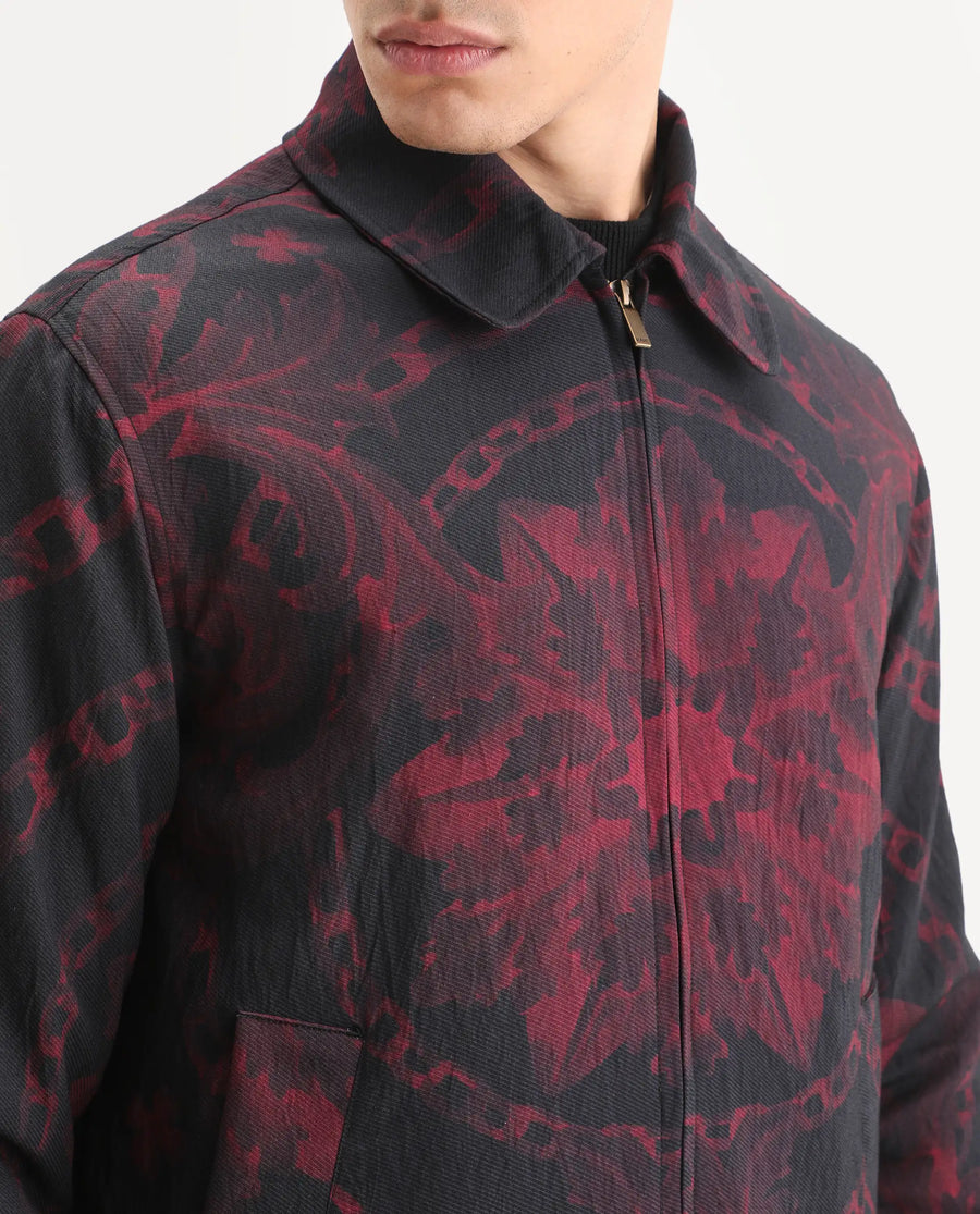 Rare Rabbit Men's Nulo Black Viscose Blend Fabric Spread Collar Regular Fit Abstract Print Jacket