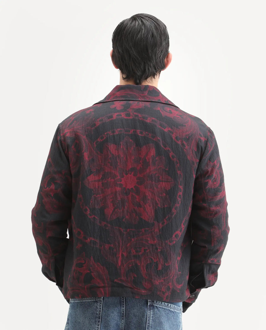 Rare Rabbit Men's Nulo Black Viscose Blend Fabric Spread Collar Regular Fit Abstract Print Jacket