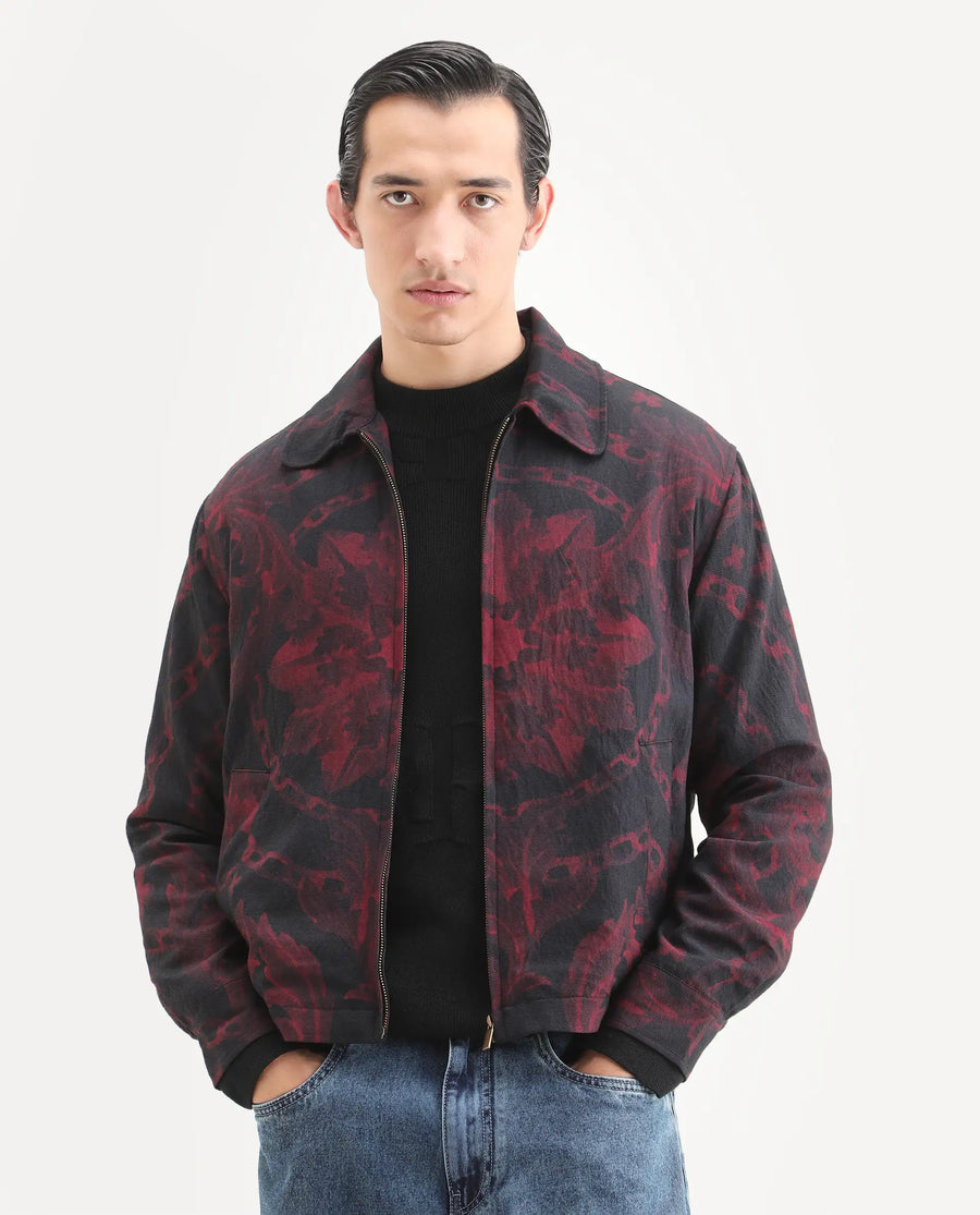 Rare Rabbit Men's Nulo Black Viscose Blend Fabric Spread Collar Regular Fit Abstract Print Jacket