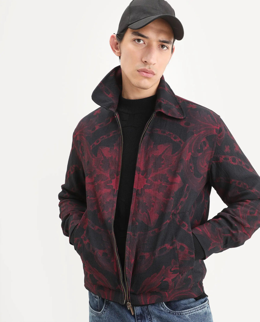 Rare Rabbit Men's Nulo Black Viscose Blend Fabric Spread Collar Regular Fit Abstract Print Jacket