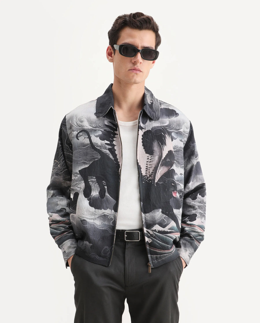Rare Rabbit Men's Trez Black Viscose Blend Fabric Spread Collar Regular Fit Abstract Print Jacket