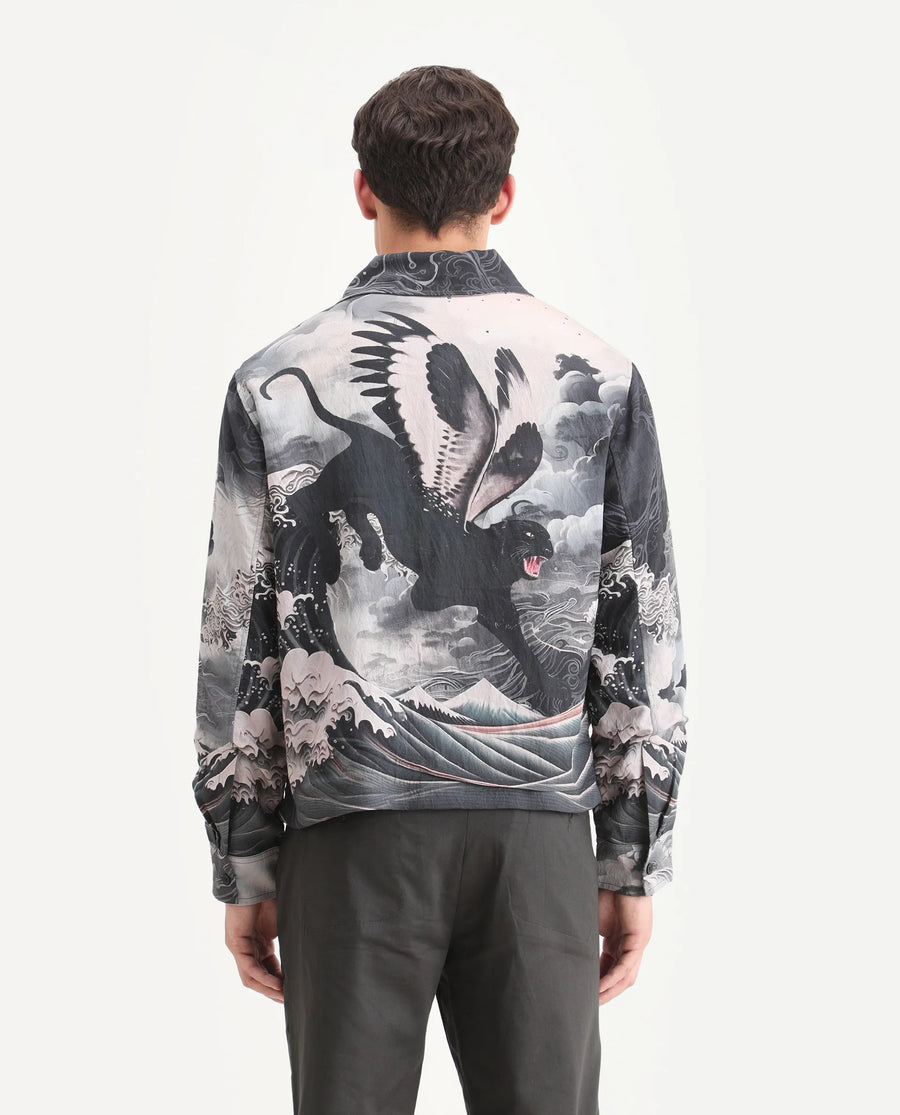 Rare Rabbit Men's Trez Black Viscose Blend Fabric Spread Collar Regular Fit Abstract Print Jacket