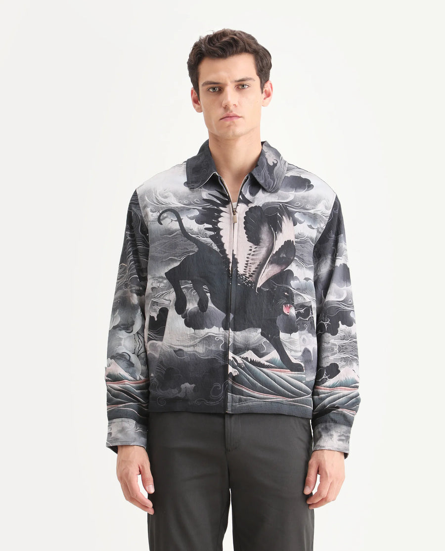 Rare Rabbit Men's Trez Black Viscose Blend Fabric Spread Collar Regular Fit Abstract Print Jacket