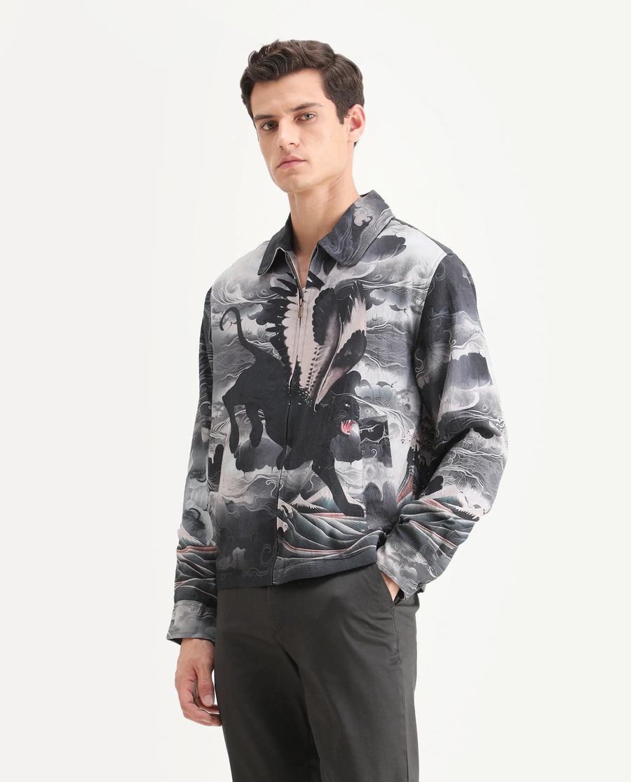 Rare Rabbit Men's Trez Black Viscose Blend Fabric Spread Collar Regular Fit Abstract Print Jacket