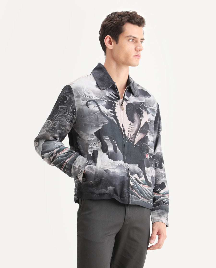 Rare Rabbit Men's Trez Black Viscose Blend Fabric Spread Collar Regular Fit Abstract Print Jacket