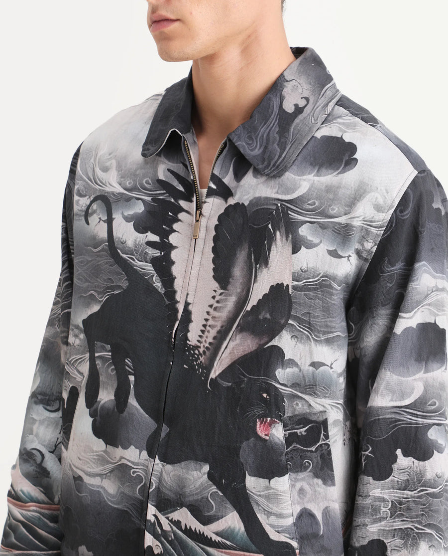 Rare Rabbit Men's Trez Black Viscose Blend Fabric Spread Collar Regular Fit Abstract Print Jacket