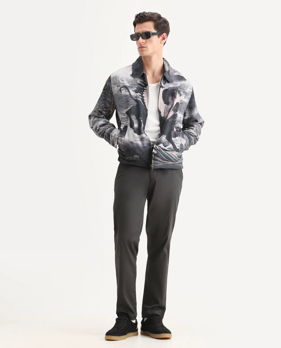 Rare Rabbit Men's Trez Black Viscose Blend Fabric Spread Collar Regular Fit Abstract Print Jacket