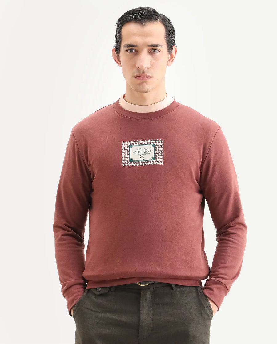 Rare Rabbit Men's Login Rust Cotton Blend Graphic Print Regular Fit Full Sleeve Crew Neck Sweatshirt