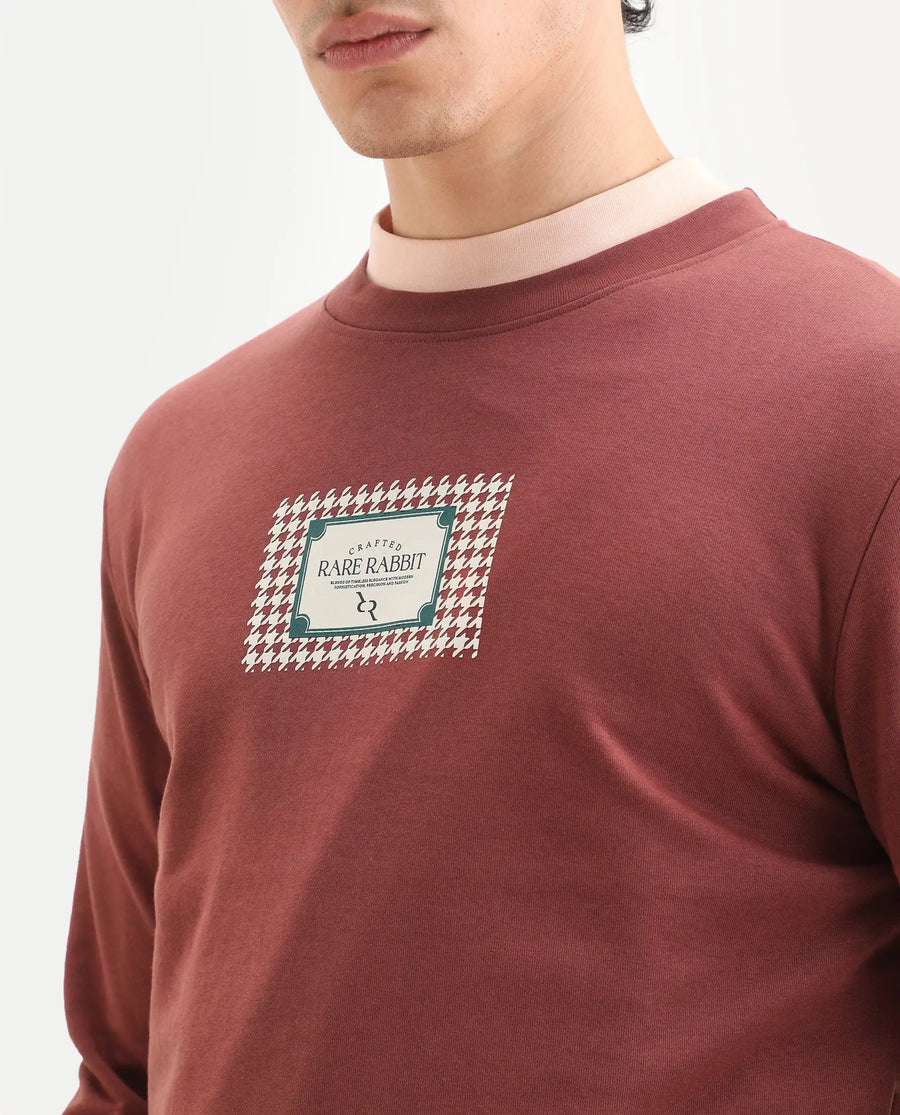 Rare Rabbit Men's Login Rust Cotton Blend Graphic Print Regular Fit Full Sleeve Crew Neck Sweatshirt