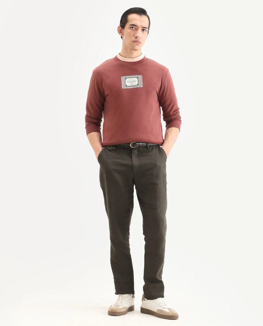 Rare Rabbit Men's Login Rust Cotton Blend Graphic Print Regular Fit Full Sleeve Crew Neck Sweatshirt