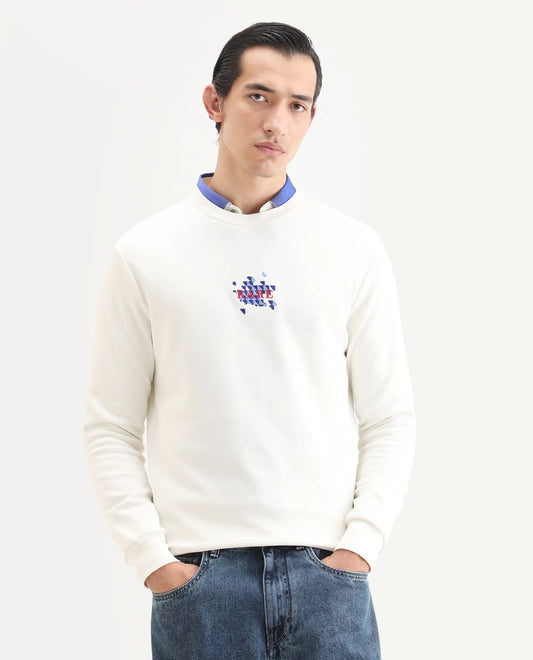 Rare Rabbit Men's Ronta Off White Cotton Blend Embroidered Regular Fit Full Sleeve Crew Neck Sweatshirt