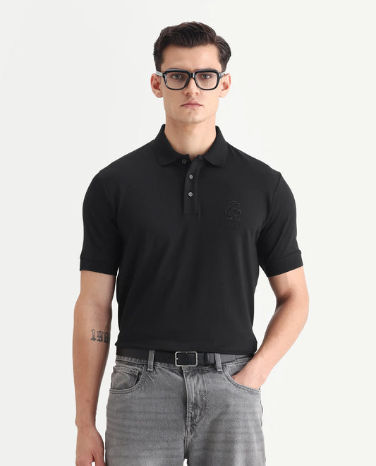 Rare Rabbit Men's Dwet Black Cotton Blend Fabric Half Sleeve Spread Collar Plain Polo