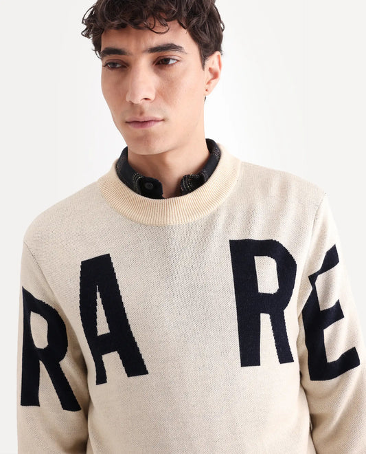 Rare Rabbit Men's Emyr Off White Acrylic Monogram Print Regular Fit Full Sleeve Crew Neck Sweater