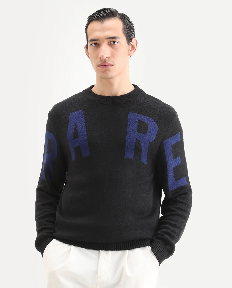 Rare Rabbit Men's Emyr Black Acrylic Monogram Print Regular Fit Full Sleeve Crew Neck Sweater