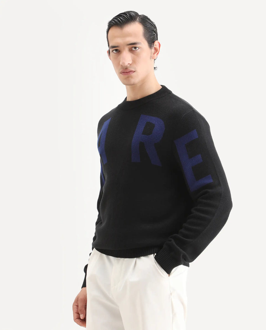 Rare Rabbit Men's Emyr Black Acrylic Monogram Print Regular Fit Full Sleeve Crew Neck Sweater