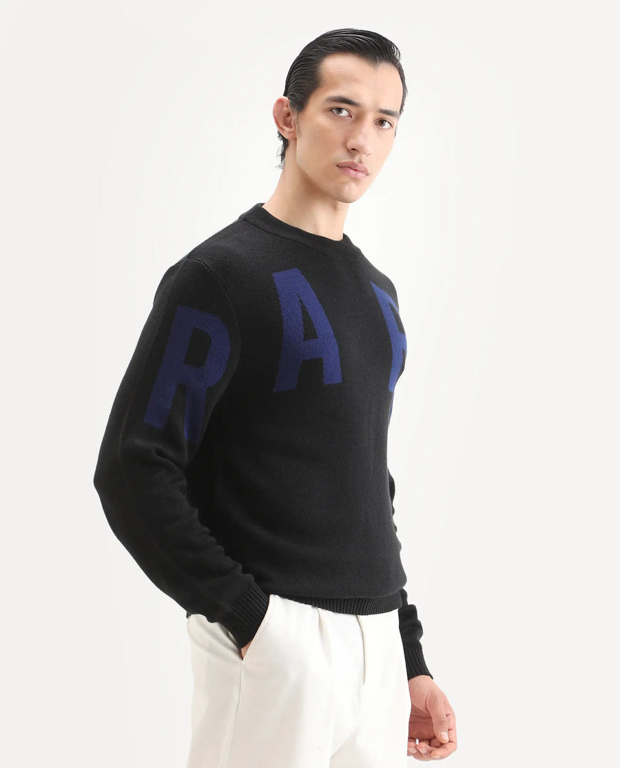 Rare Rabbit Men's Emyr Black Acrylic Monogram Print Regular Fit Full Sleeve Crew Neck Sweater