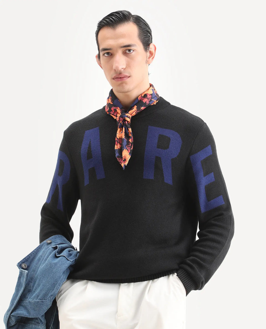 Rare Rabbit Men's Emyr Black Acrylic Monogram Print Regular Fit Full Sleeve Crew Neck Sweater