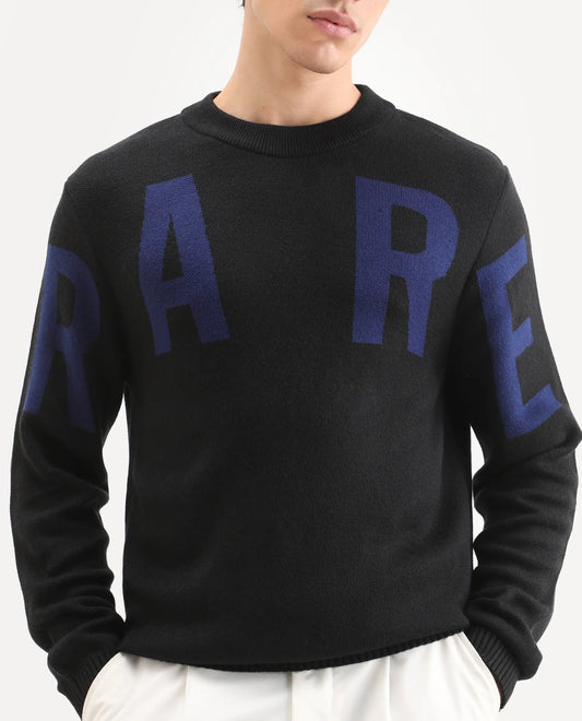 Rare Rabbit Men's Emyr Black Acrylic Monogram Print Regular Fit Full Sleeve Crew Neck Sweater