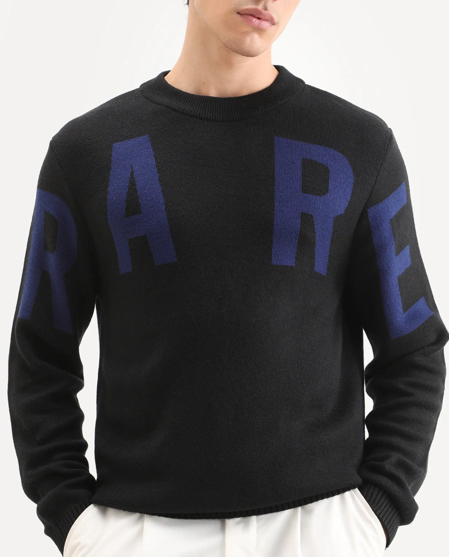 Rare Rabbit Men's Emyr Black Acrylic Monogram Print Regular Fit Full Sleeve Crew Neck Sweater