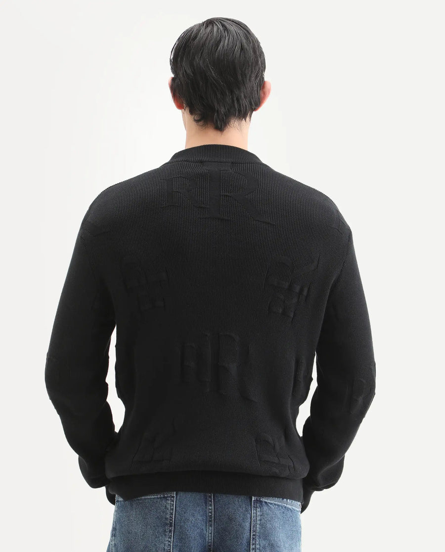 Rare Rabbit Men's Rev Black Acrylic Fabric Full Sleeve Crew Neck Textured Sweater