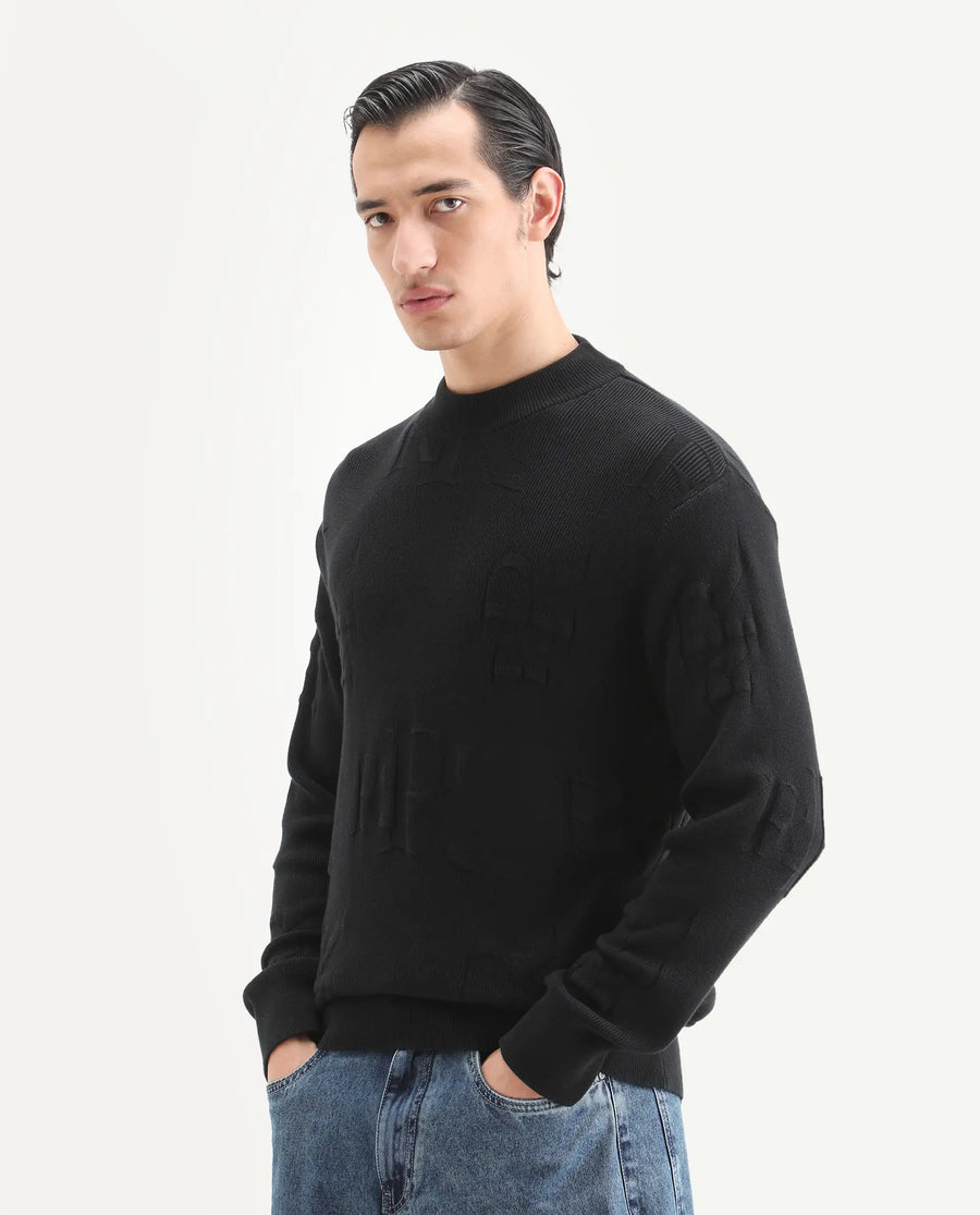 Rare Rabbit Men's Rev Black Acrylic Fabric Full Sleeve Crew Neck Textured Sweater