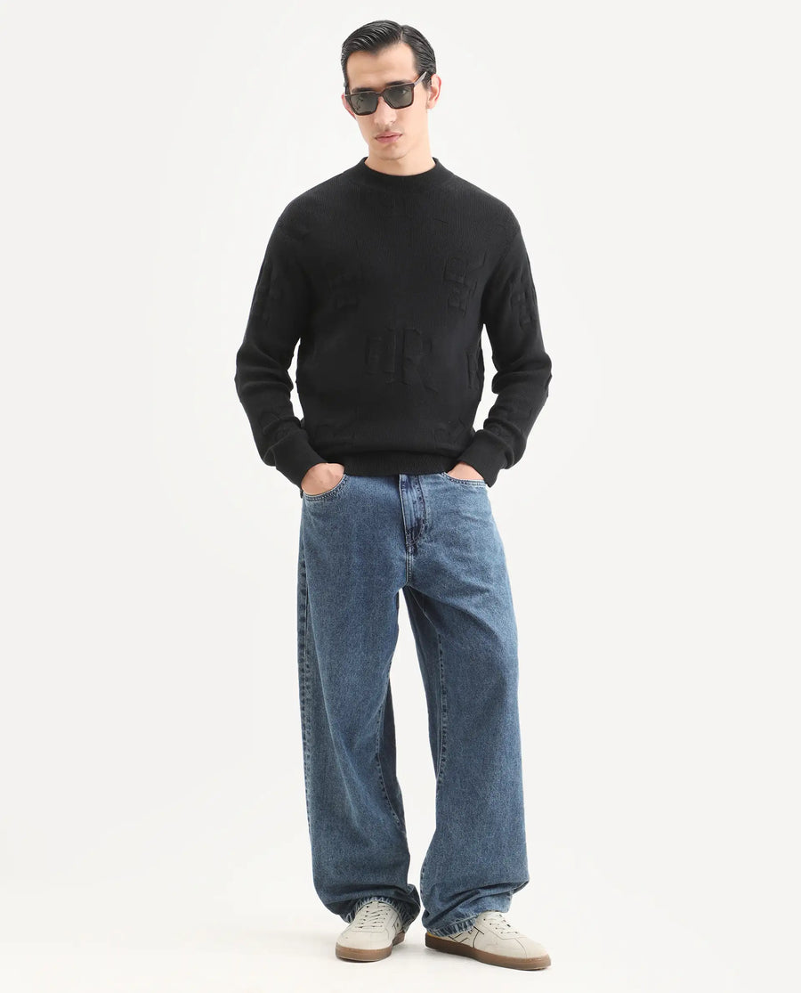 Rare Rabbit Men's Rev Black Acrylic Fabric Full Sleeve Crew Neck Textured Sweater