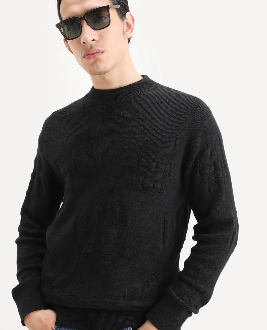 Rare Rabbit Men's Rev Black Acrylic Fabric Full Sleeve Crew Neck Textured Sweater