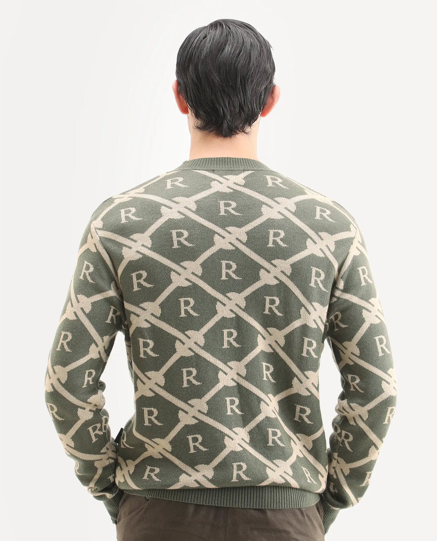 Rare Rabbit Men's Post Dark Olive Acrylic Monogram Print Regular Fit Full Sleeve Crew Neck Sweater
