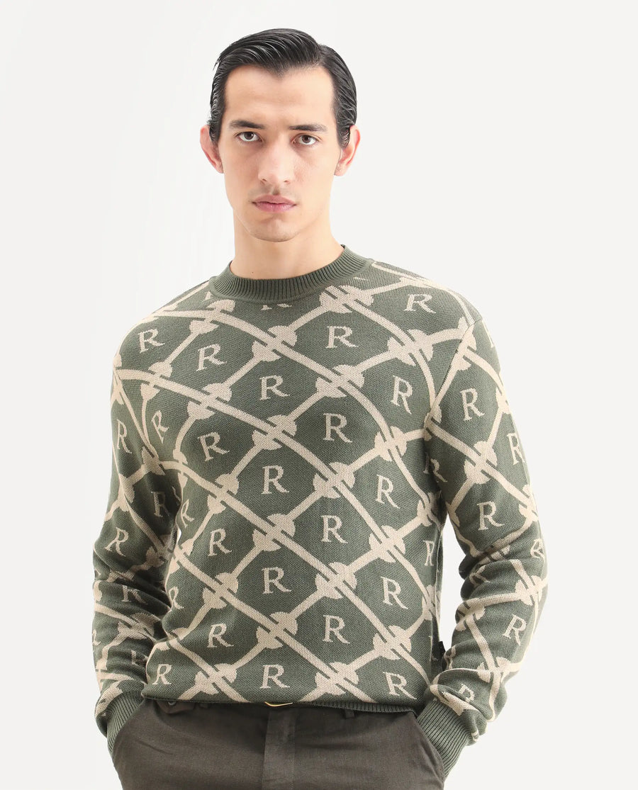 Rare Rabbit Men's Post Dark Olive Acrylic Monogram Print Regular Fit Full Sleeve Crew Neck Sweater