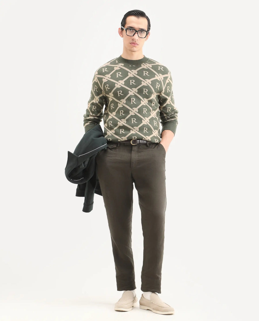Rare Rabbit Men's Post Dark Olive Acrylic Monogram Print Regular Fit Full Sleeve Crew Neck Sweater