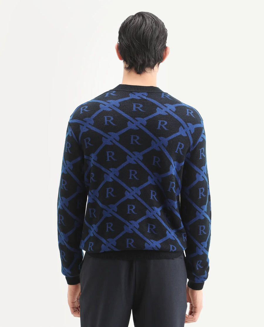 Rare Rabbit Men's Post Black Acrylic Monogram Print Regular Fit Full Sleeve Crew Neck Sweater