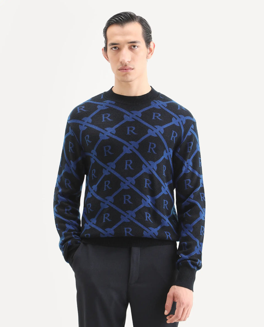 Rare Rabbit Men's Post Black Acrylic Monogram Print Regular Fit Full Sleeve Crew Neck Sweater