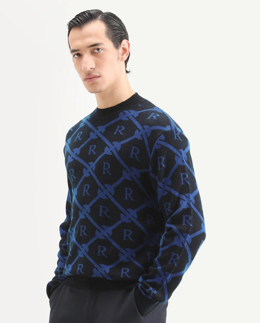 Rare Rabbit Men's Post Black Acrylic Monogram Print Regular Fit Full Sleeve Crew Neck Sweater