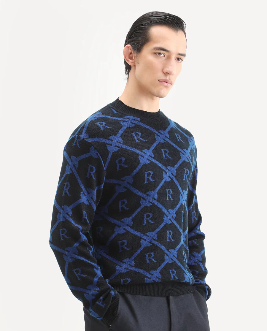 Rare Rabbit Men's Post Black Acrylic Monogram Print Regular Fit Full Sleeve Crew Neck Sweater