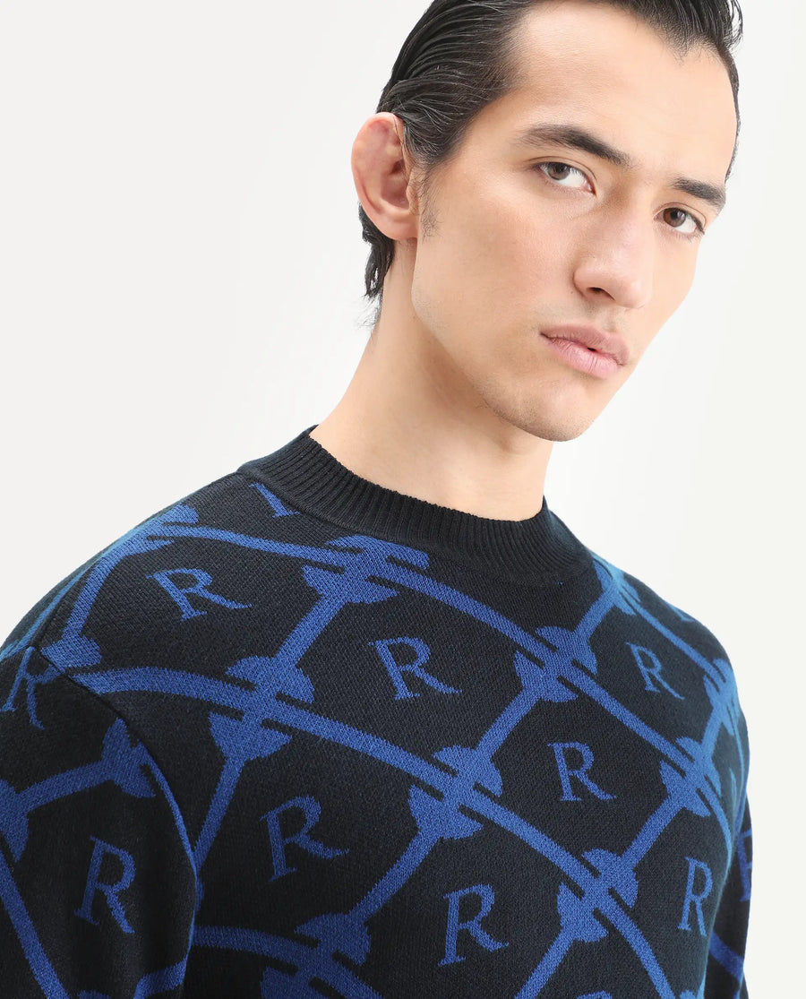 Rare Rabbit Men's Post Black Acrylic Monogram Print Regular Fit Full Sleeve Crew Neck Sweater
