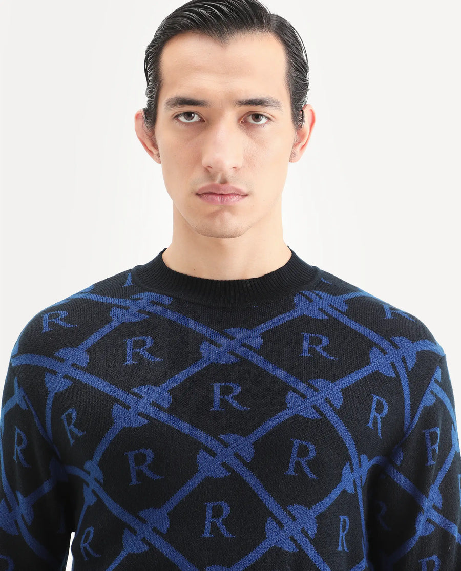 Rare Rabbit Men's Post Black Acrylic Monogram Print Regular Fit Full Sleeve Crew Neck Sweater