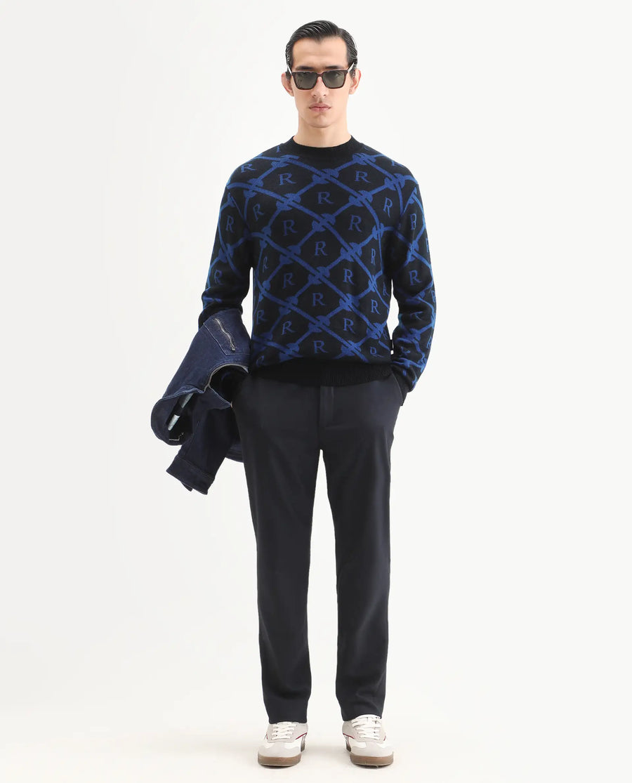 Rare Rabbit Men's Post Black Acrylic Monogram Print Regular Fit Full Sleeve Crew Neck Sweater