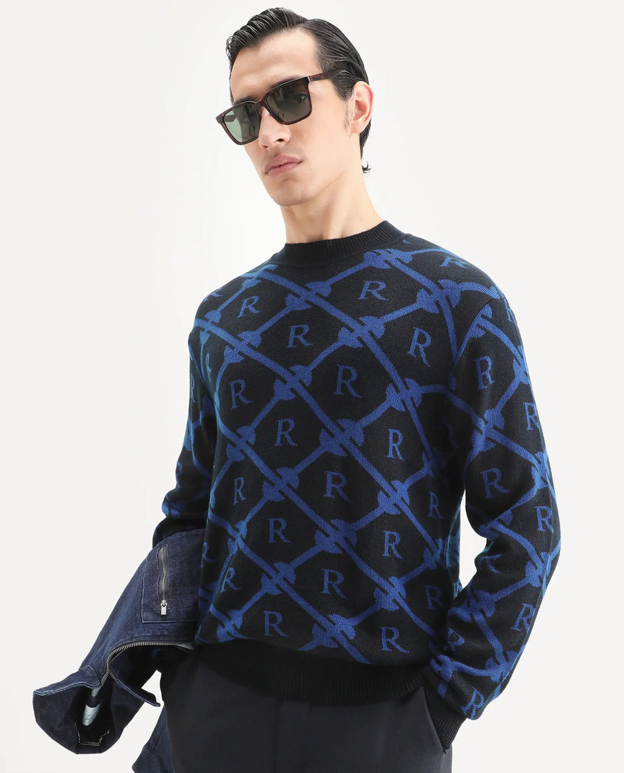 Rare Rabbit Men's Post Black Acrylic Monogram Print Regular Fit Full Sleeve Crew Neck Sweater