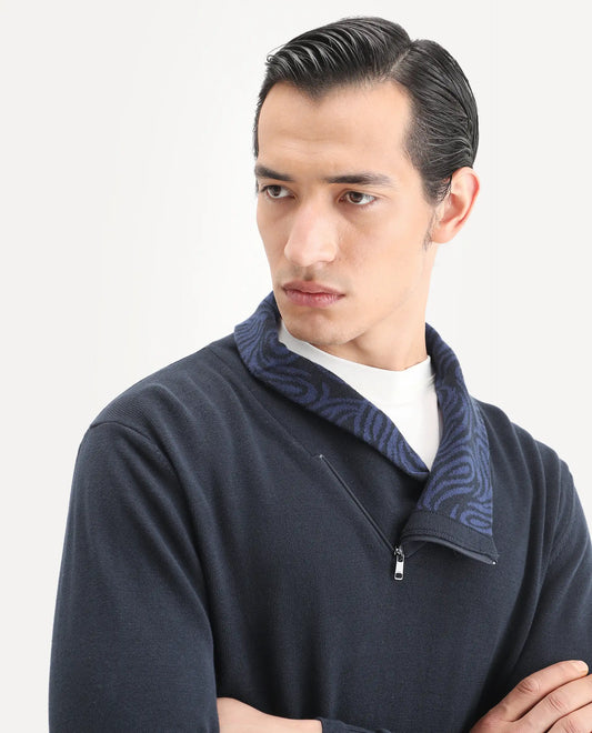 Rare Rabbit Men's Denver-25 Dark Navy Cotton Plain Regular Fit Full Sleeve Shawl Neck Sweater