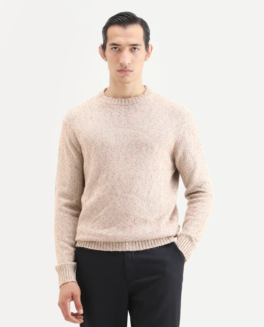 Rare Rabbit Men's Lomo Beige Acrylic Printed Regular Fit Full Sleeve Crew Neck Sweater