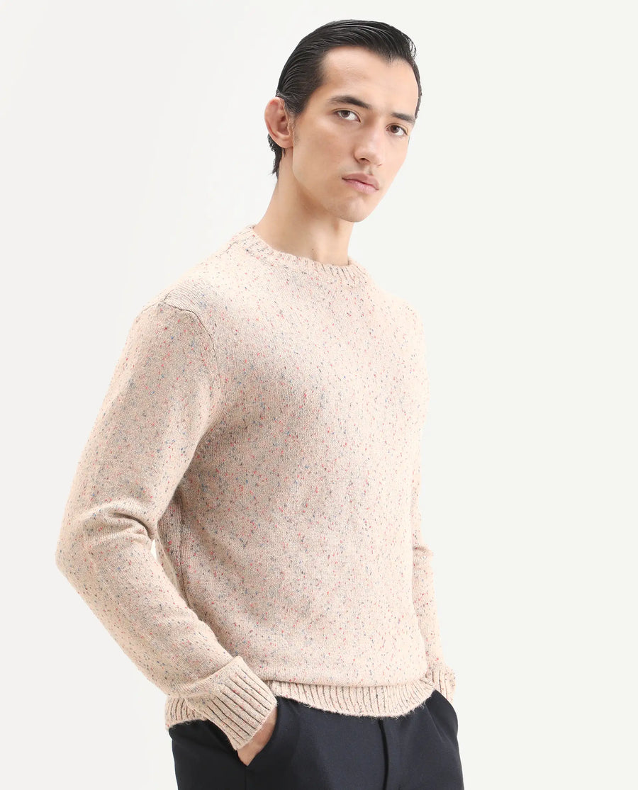 Rare Rabbit Men's Lomo Beige Acrylic Printed Regular Fit Full Sleeve Crew Neck Sweater