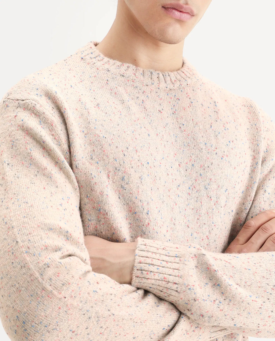 Rare Rabbit Men's Lomo Beige Acrylic Printed Regular Fit Full Sleeve Crew Neck Sweater
