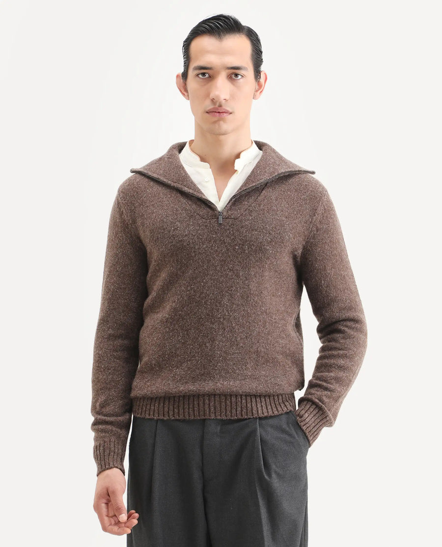 Rare Rabbit Men's Alfert Dusky Brown Polyester Plain Regular Fit Full Sleeve High Neck Sweater