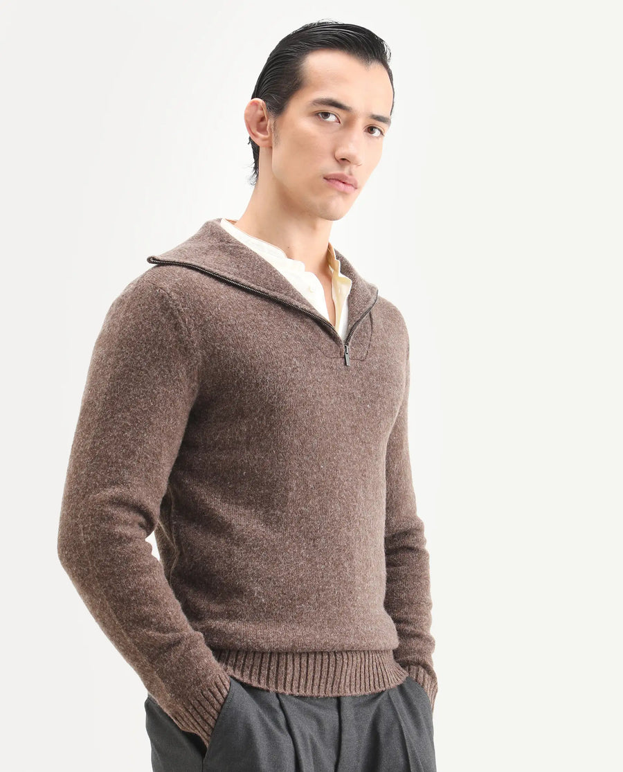 Rare Rabbit Men's Alfert Dusky Brown Polyester Plain Regular Fit Full Sleeve High Neck Sweater