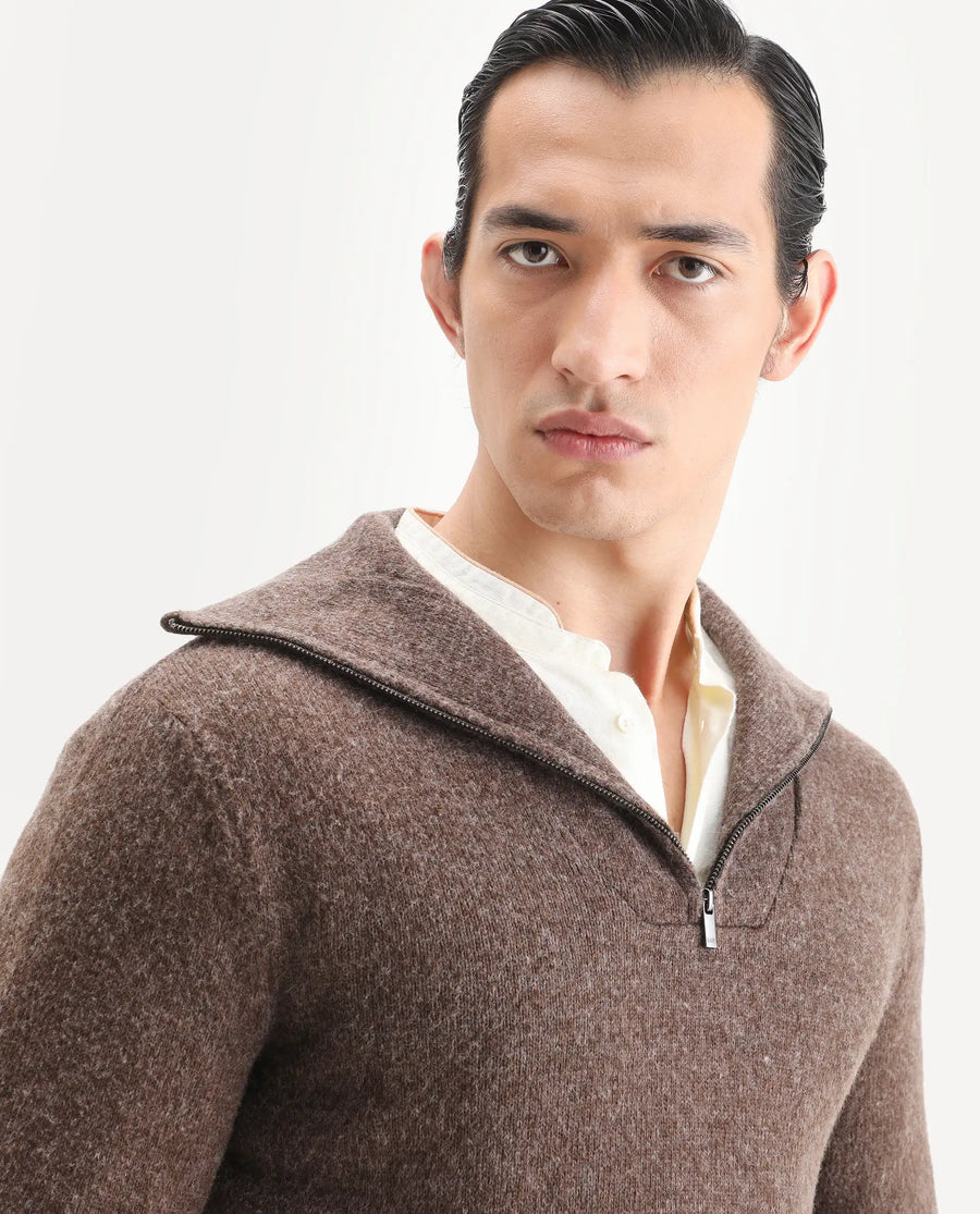 Rare Rabbit Men's Alfert Dusky Brown Polyester Plain Regular Fit Full Sleeve High Neck Sweater
