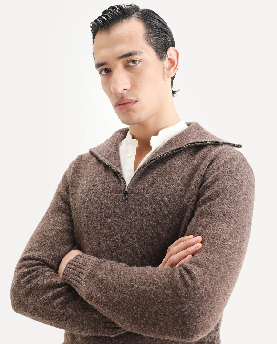 Rare Rabbit Men's Alfert Dusky Brown Polyester Plain Regular Fit Full Sleeve High Neck Sweater