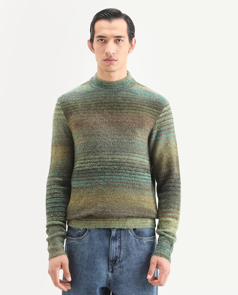 Rare Rabbit Men's Nemo Green Acrylic Color Block Regular Fit Full Sleeve Crew Neck Sweater
